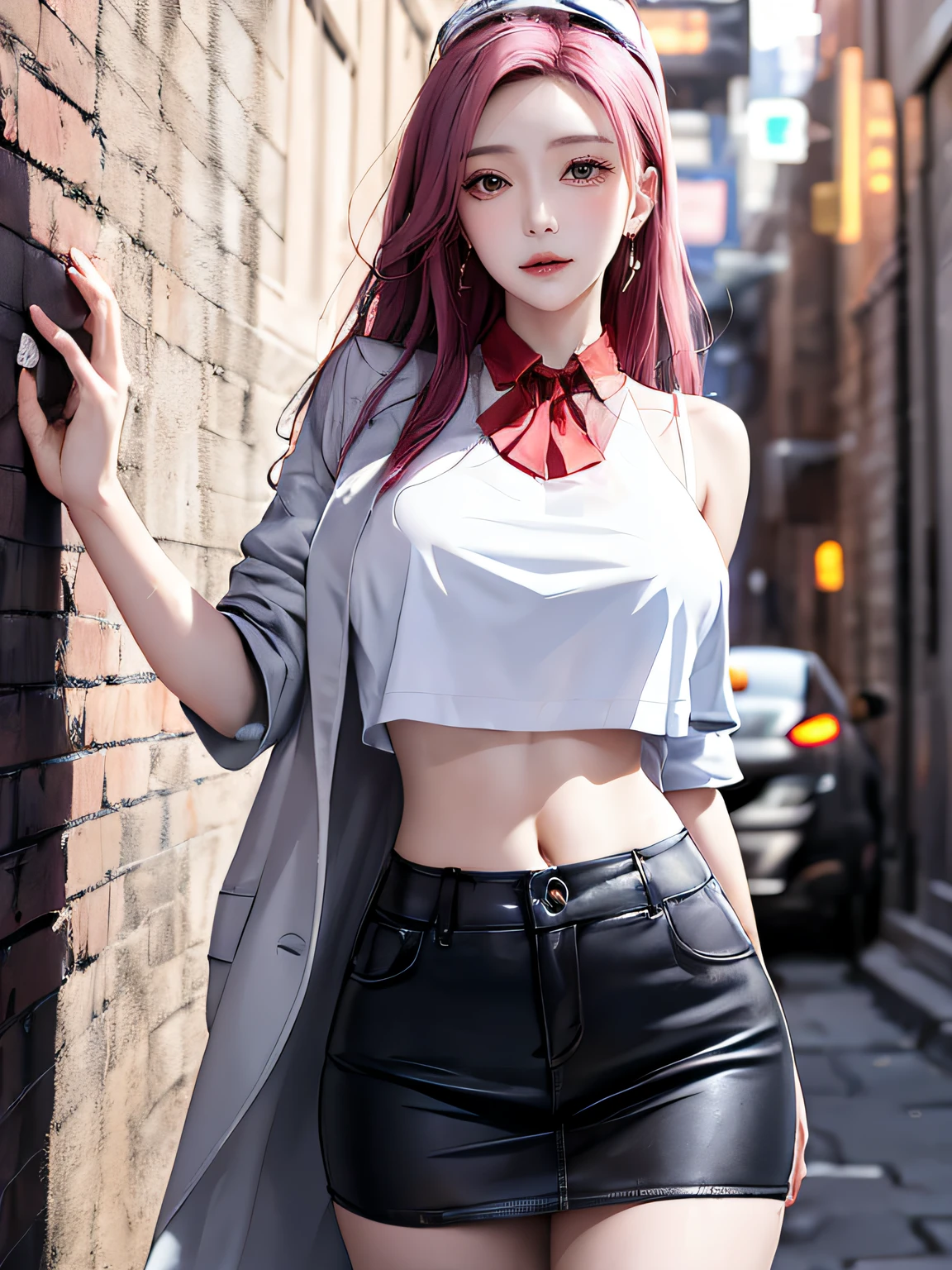 (tmasterpiece, Best quality at best, 1 plump girl, Alone, exquisite detailing, color difference), top-quality、8K、32K、masterpiece reality, ((Breathe in moderation)), Long gray hair,One with white and red hair, red headgear, Pink highlight, Hair above one eye, ear nipple ring, keen vision，collars，Neon shirt，convertible coat，Crop top，（symetrical eyes，no eye circles，pretty eyes），Place your hands behind your back，（Perfectly symmetrical body），against a wall，brick walls，scribbles，dim dim lights，alleys，looking at viewert，exposing thighs，white and thin