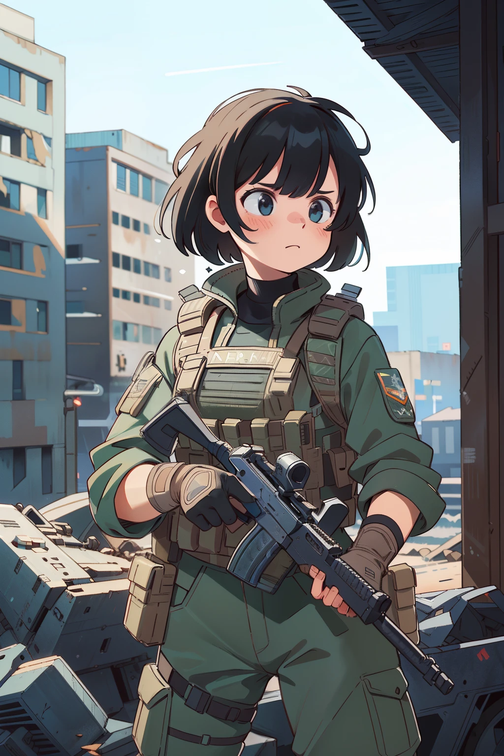 (masterpiece, best quality, detailed), 1girl, solo, looking at viewer,
<lora:hachikuji-mayoi-v1:0.9>, hachikuji01, long hair, brown hair, red eyes, flat chest, twintails, hair ribbon, white hairband, <lora:camouflage_uniform04:0.55>, wearing camouflage_uniform, ruins, overgrown, rubble, pillar, outdoors, building, light rays, fog, hands on hips, grin