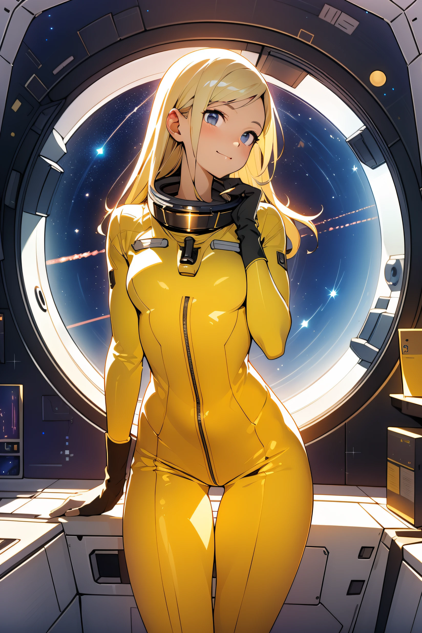 (masterpiece, best quality:1.2), (cowboy shot:1.1), solo, 1girl, mori yuki, slight smile, closed mouth, side view, looking at viewer, blonde hair, long hair, thigh gap, yellow bodysuit, skin-tight, perfect body, large window, (starship porthole:1.3), (spread legs:1.3), (standing:1.1), thigh gap, sensual pose, sideview, perfect hands, bright starship interior, (outer space view:1.1), (orbital view:1.3), (night, stary sky:1.5), milky way