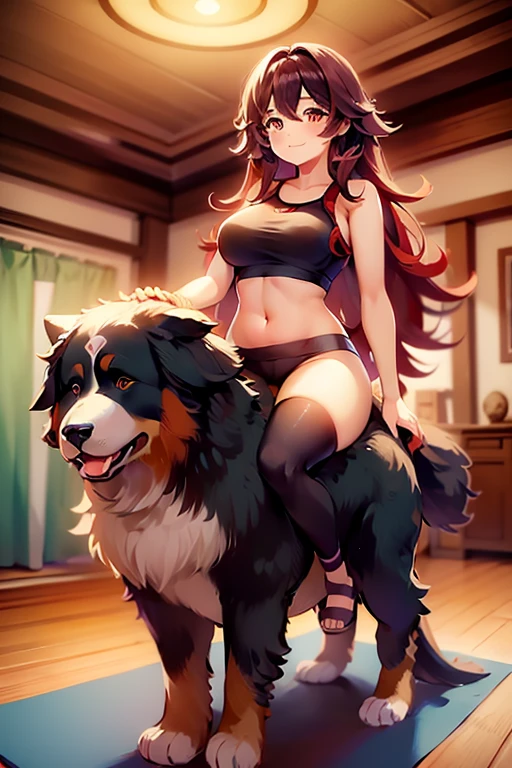 1girl, best quality, masterpiece, cute anime girl riding on a bernese mountain dog \(dog\), tall, barefoot, big butt, big thighs, yoga pants, sports bra, smiling, red hair, in a house