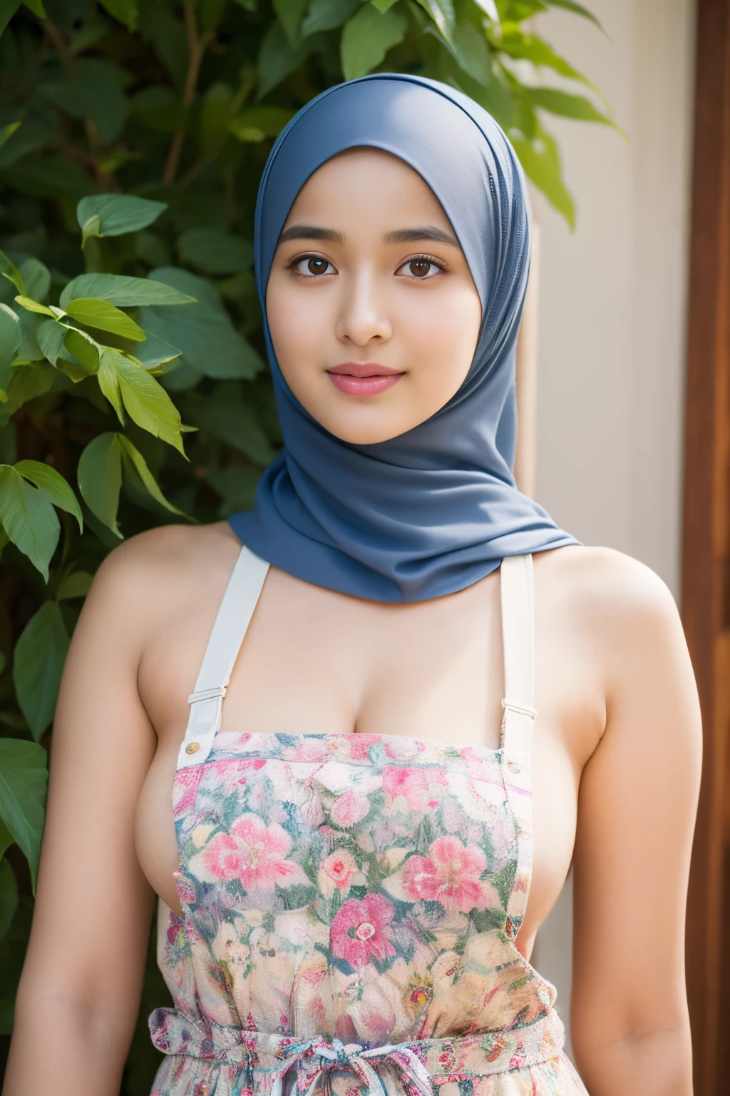 top-quality,Beautiful detailed hijabi,Bewitching face,kerala model,long lashes,Wearing a colorful (naked_apron),Detailed details,Colossal tits,sideboobs,stares at the camera