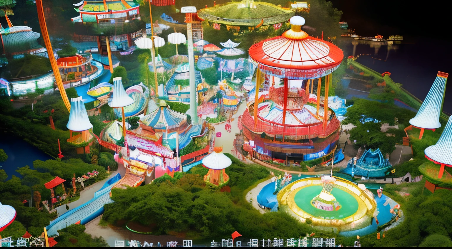 The theme is an amusement park scene with Chinese style elements, from an aerial perspective. The amusement facilities based on Chinese style elements include roller coasters, Ferris wheels, carousels, etc., with mountains and water, and a beautiful environment, resembling a fairyland in Chinese style amusement park