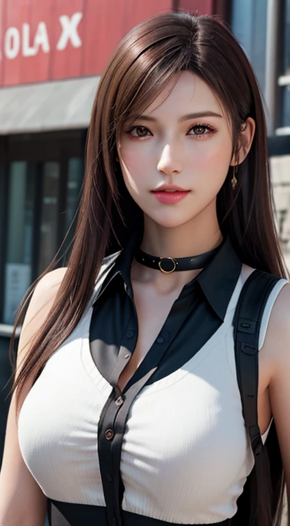 Photorealistic, masutepiece, Best Quality, Raw photo, 1girl in, Solo, Long hair, Brown hair, Detailed face, alluring face, Black shirt with collar, medium breasts, Dynamic Pose, Looking at Viewer, From below, Detailed background, fine detailed, intricate detailes, Ray tracing, depth of fields, lowkey, nffsw