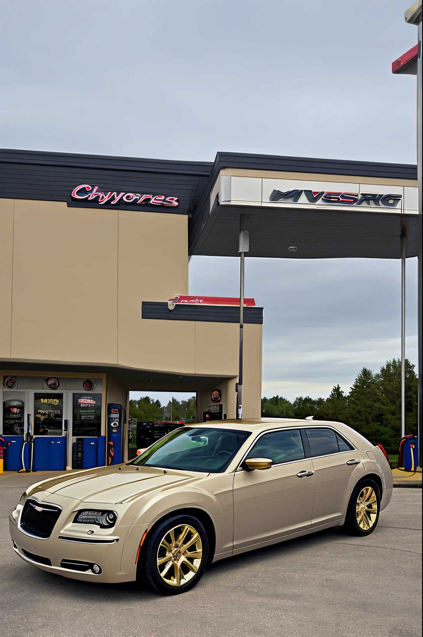 Create Chrysler 300 color gold 2006 touring in a gas station