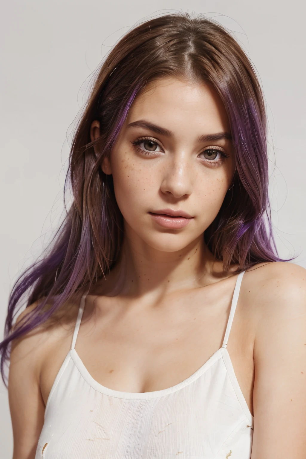 realistic portrait photo of beautiful woman with purple hair, hair roots slightly faded, spanish, influencer, light freckles, light brown eyes, no makeup, instagram, white background, wearing beautiful white clothes