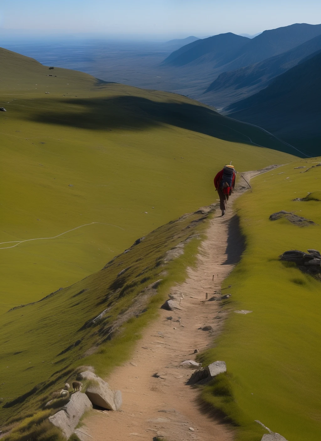 The determined look on the shepherd's face as he begins his journey to find the lost sheep, starting to descend the hill toward the valley.