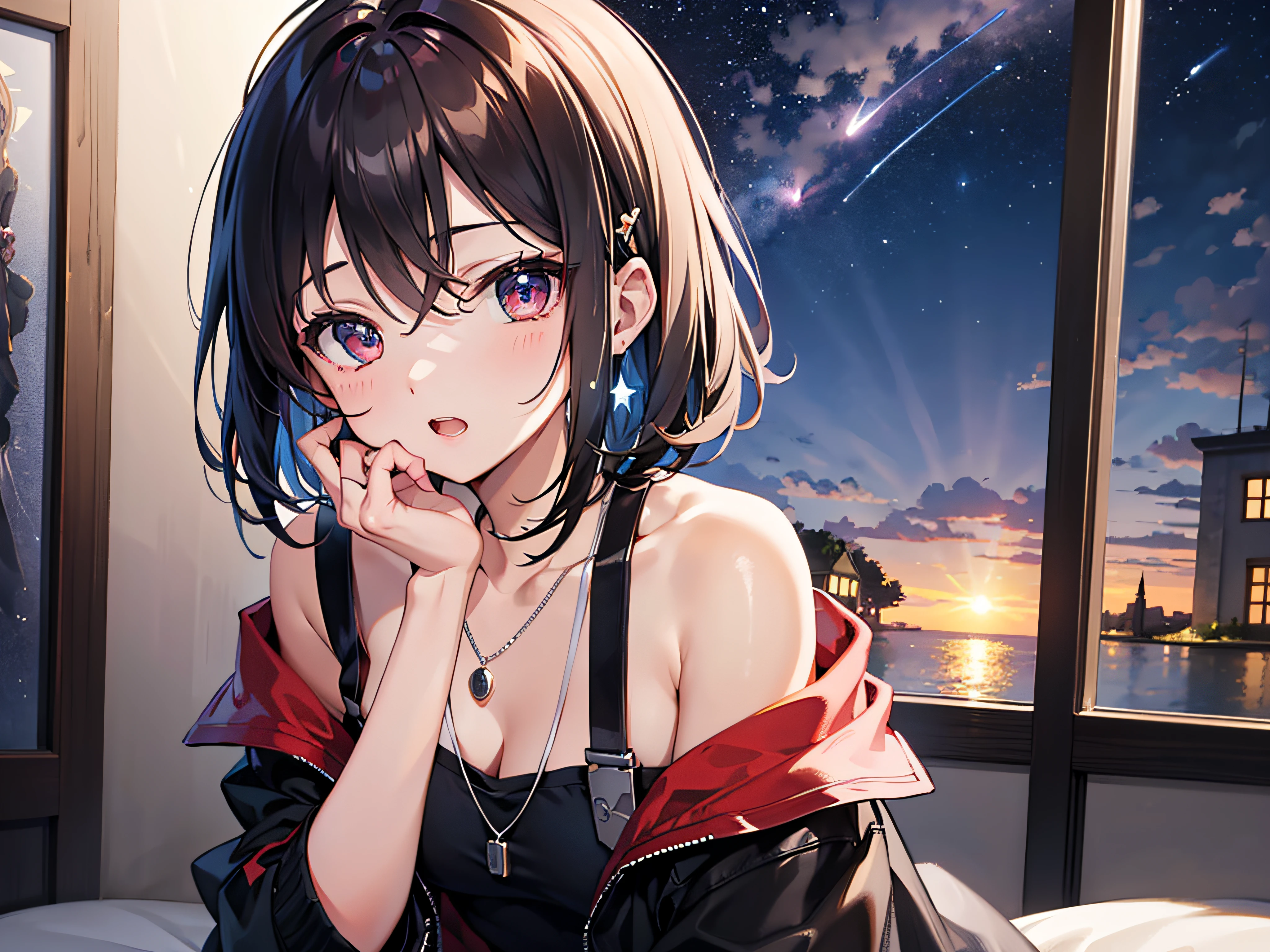 Borey Raim、​masterpiece、top-quality、An ultra-high picture quality、超A high resolution、８K、(Highly detailed background 1.0)、Brown hair、Cat's ears、Redeye、Ruby eyes、hair pin、short-hair、bobhair、a necklace、double tooth、hair adornments、Parka with shrine maiden mark、The shirt、a short skirt、shooting stars、a moon、Seductive Anime Girl, Anime Style 4k, Best Anime 4k Konachan Wallpapers,anime moe art style, Anime art wallpaper 8k、Special Forces Delta Force