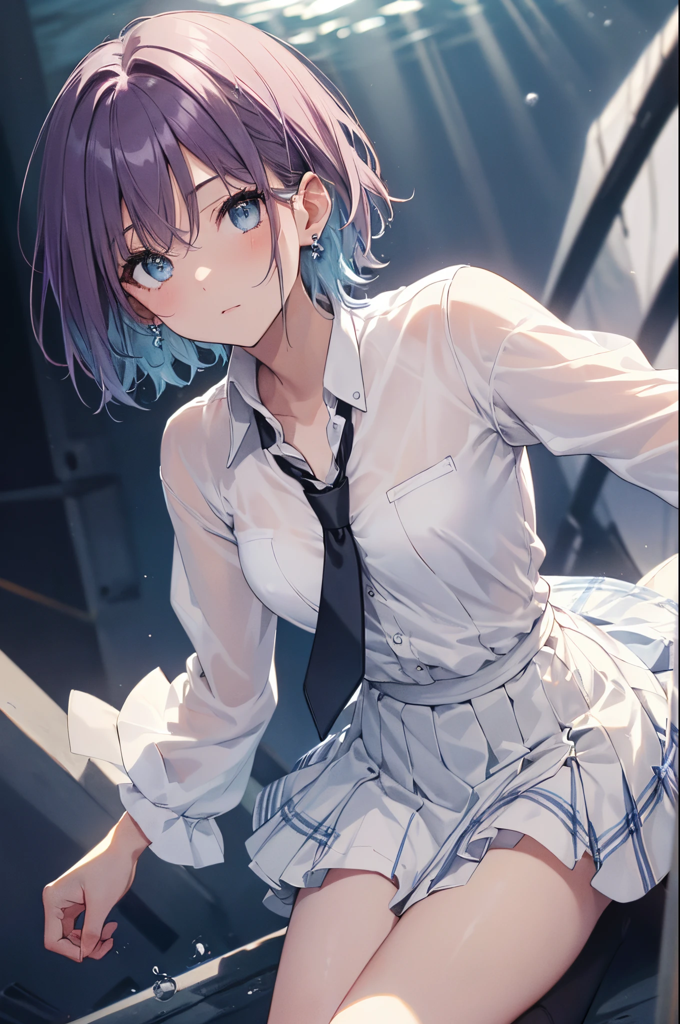 beautiful girl, solo,floating hair,school uniform, underwater, caustics, (light rays:1.3), (air bubble:1.2),masterpiece, high-resolution, (ultra-detailed:1.4), best-quality,⓪Action:①Quality:(ultra-detailed:1.3), masterpiece, 8k, extremely detailed CG, Ultra-detailed, (((Perfect hands:1.2))), (((Perfect Anatomy:1.2))), 1 girl, beautiful face: 1.1, ), Intricate Iris Details, Captivating Eye Reflections, Sparkling Highlights in the Eyes, Depth and Dimension in the Pupils, Subtle Color Variations in the Iris, Meticulous Eyelash Details, Depth and Dimension in the Pupils, ②Lighting: ③ part: small breasts, Beautiful breasts, beautiful nipples, shiny hair, floating hair, sparkling pupils, happy, detailed face, detailed eyes, detailed skin ④Style: (blush:1.0), ⑤Subject:(Toru Asakura: 1.3), (short hair: 1.3), (Parted Bangs: 1.4), (blue hairs、gradation hair、multi color hair、Parted bangs、Purple hair), ⑥Environment: ⑦Construction:Upper body, (extreme close-up view: 1.3), Looking at Viewer, very wide shot, from below, ⑧Costume : (open collar, white shirt, rolled up sleeves, wristband, earrings), (earrings), (bluish white plaid skirt), (simple loose black necktie), (dark blue high socks: 1.3), ⑨Others:(Waiting for a kiss、Toned waist、slender body、small head、Seven-headed body, beauty legs, Footboard beauty),