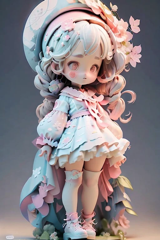 Yuko has wavy blonde hair, thin eyebrows, and pink eyeshadow. She wears a blue dress with floral patterns and pink lines, a white neckerchief, white, tri-layered sleeves, white pants, and pink wingtip shoes with light gray laces and soles. She also carries a white parasol with a pink inside, a pink top button, and a blue handle.