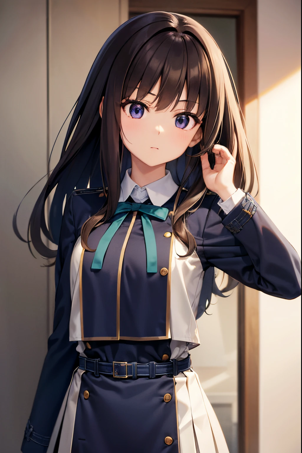 Takiinoue, Takina Inoue, The long-haired, bangss, A dark-haired, (Purple Eye:1.2), BREAK shirt, long-sleeve, Onepiece, bow ribbon, student clothes, White shirt, shirt with collar, a belt, Neck ribbon, Blue Dress, Green Ribbon, pleated dress, Gradeless, two-tone dress, blue obi, Licorice Uniform, Outdoor break, sity, BREAK (masterpiece:1.2), Top image quality, hight resolution, Unity 8k壁纸, (illustratio:0.8), (Beautiful detail eyes:1.6), extra detailed face、Perfect litthing、extremely details CG、(perfect hand、perfect anatomia)、Takina Inoue、Inoue,Takina, 1girll, Background in the city, (fluffy hair:1.4), 15yo student, (hold a gun)