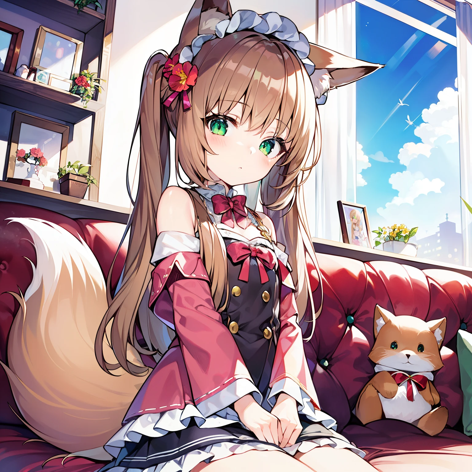 Anime girl sitting on a couch with a cat and a stuffed animal - SeaArt AI