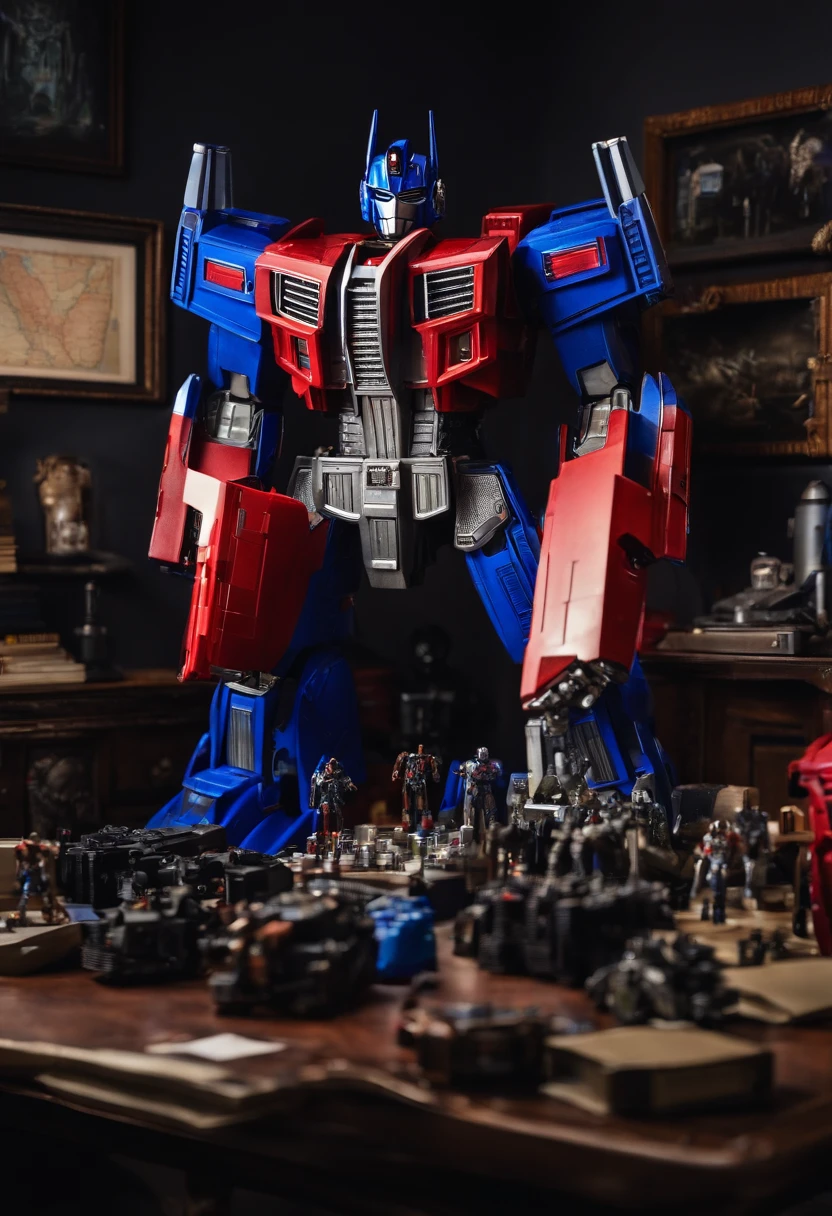 A photo of Optimus Prime leading a Sunday evening strategy session for the Autobots, surrounded by holographic maps and tactical equipment,Transformers franchise,optimus prime, male