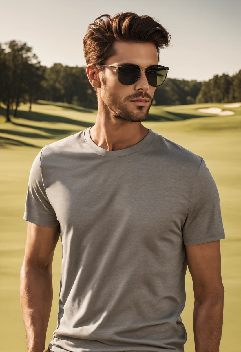 Fashion mockup | GENRE: Lifestyle | EMOTION: Stylish | SCENE: A man wearing a high-quality grey t-shirt for a mockup design, with a focus on the high-resolution texture and details of the clothes. The man is positioned facing away from the camera looking over a golf course, with a shadow effect adding depth to the image.| ACTORS: Man | LOCATION TYPE: Golf Course | CAMERA MODEL: DSLR | CAMERA LENS: 50mm f/1.4 | SPECIAL EFFECTS: None | TAGS: fashion, mockup, lifestyle, stylish, high resolution, high-quality t-shirt, shadow effect, yellow background