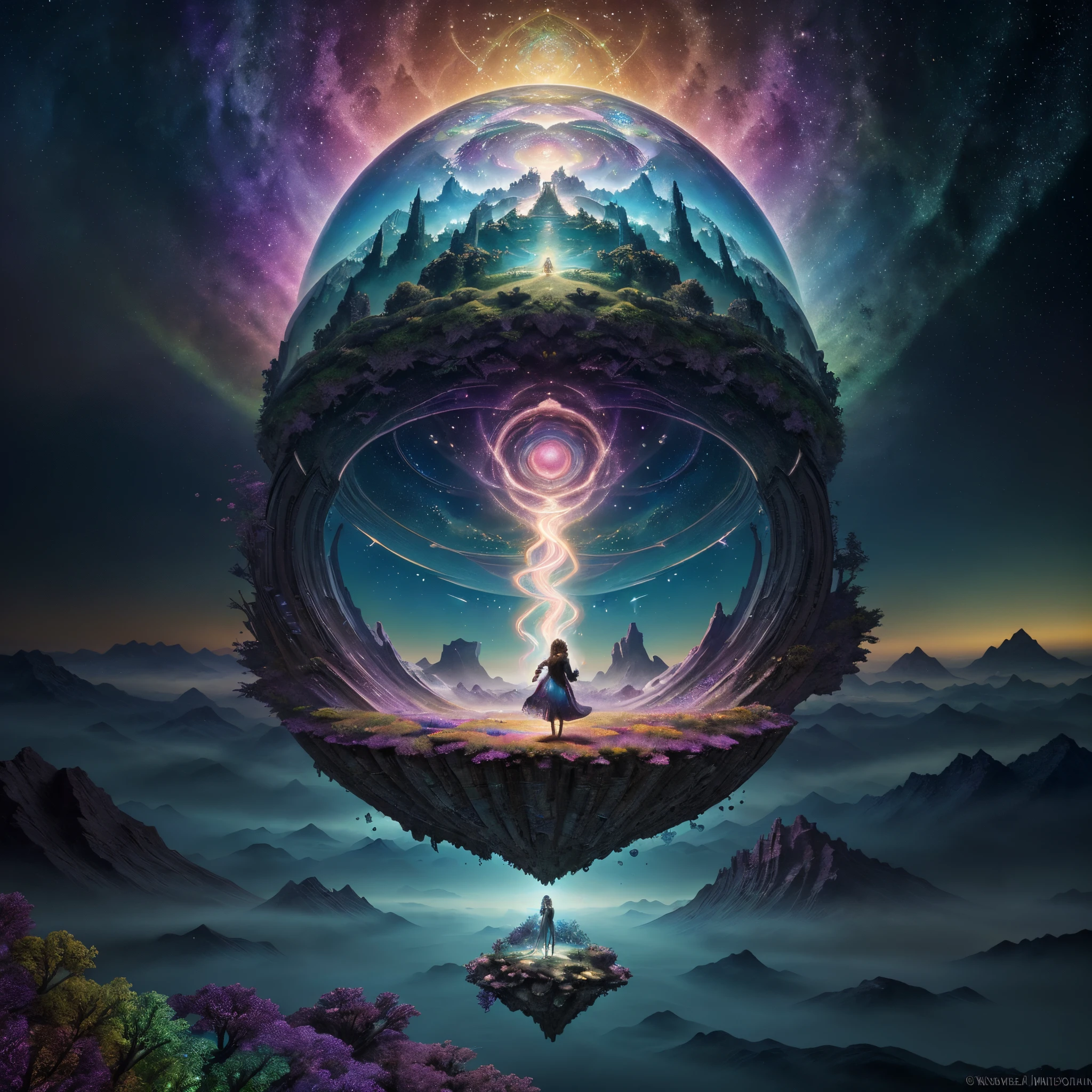 In a world beyond our imagination, an enigmatic metaverse explorer traverses vibrant landscapes, unearthing the secrets of unseen realms. In this stunning digital painting, the protagonist stands atop a floating island amidst a kaleidoscope of swirling colors and mystical energy. The image captivates with its breathtaking details and masterful use of light and color, immersing viewers in the fantastical journey of the explorer.