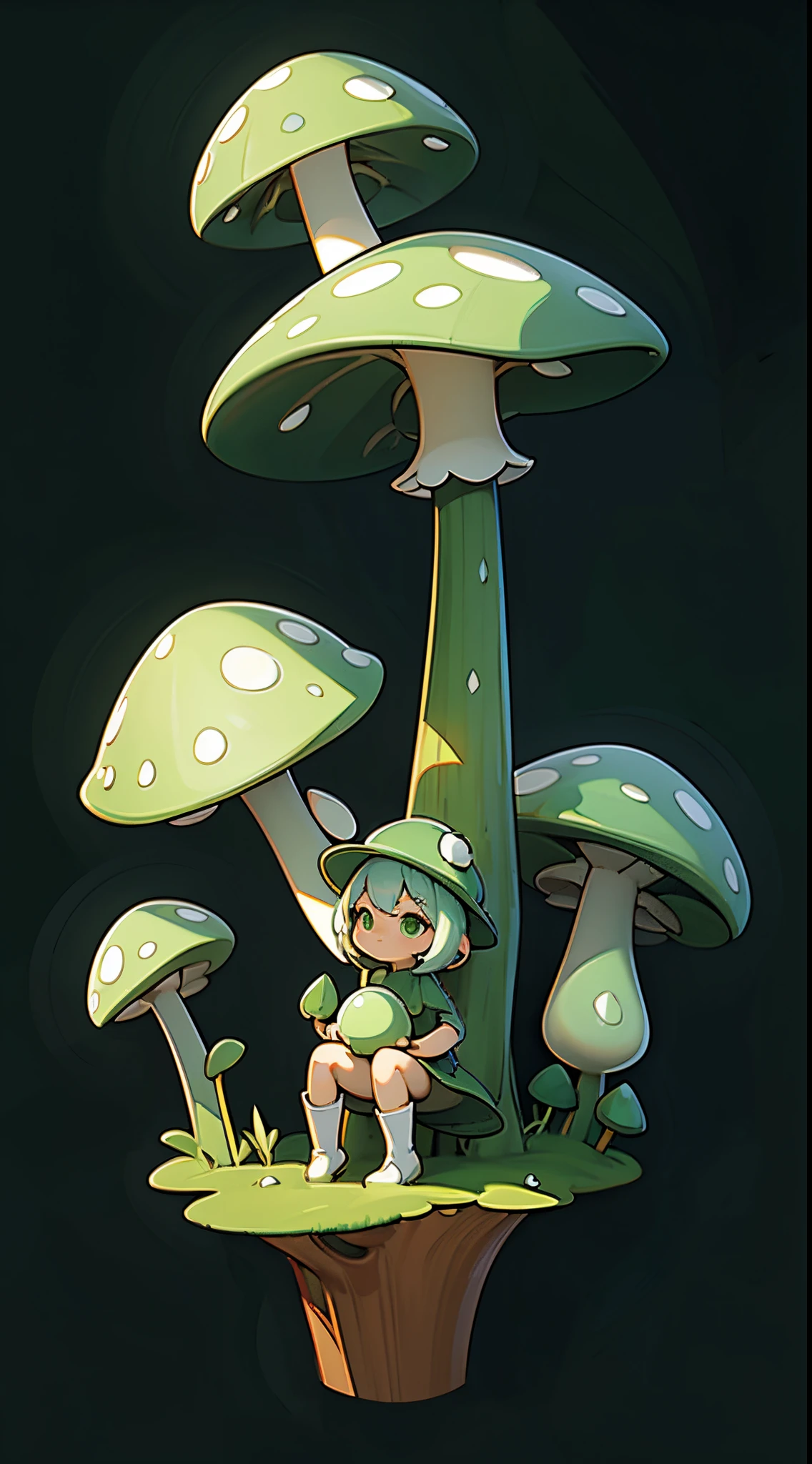 Masterpiece, best quality, high quality, ultra detailed, digitalart, from below, Personification of the glowing mushroom, Yuru Chara Style, The hat is characteristic, sitting, holding green mushroom, wondering look, look up, dark forest, dark background