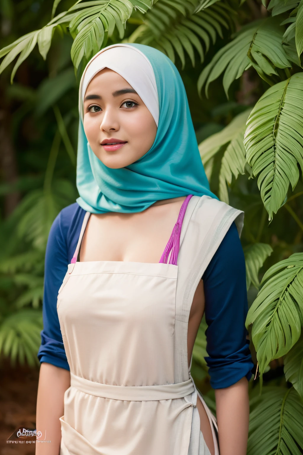 top-quality,Beautiful detailed hijabi,Bewitching face,(((kerala))) teen model,long lashes,Wearing a colorful (naked_apron),Detailed details,Colossal tits,sideboobs,stares at the camera