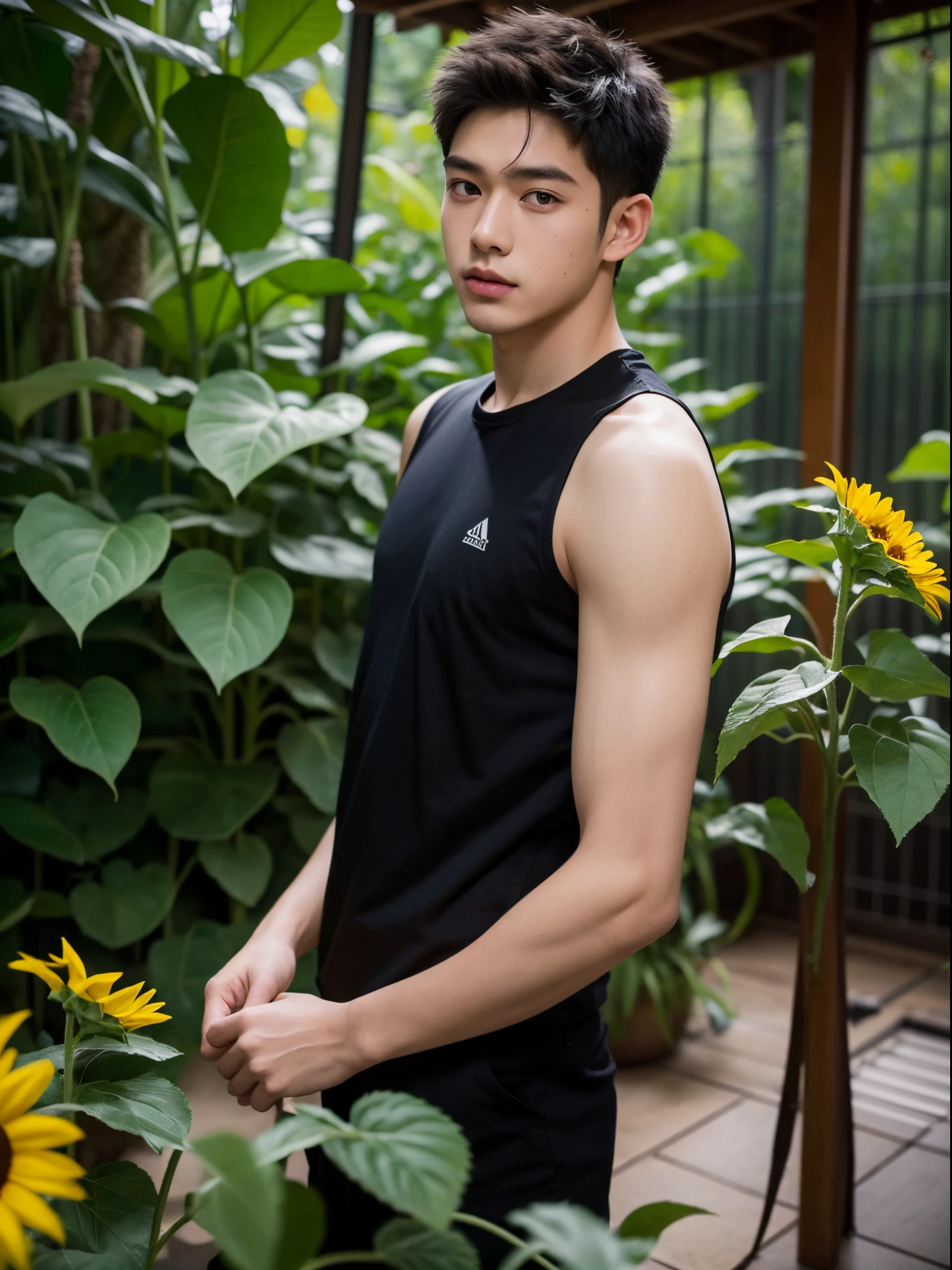 male, 20 year old boy, black eyes, slick back, sleeveless clothes, half body photo, head facing the camera, room, jungle, sunflower