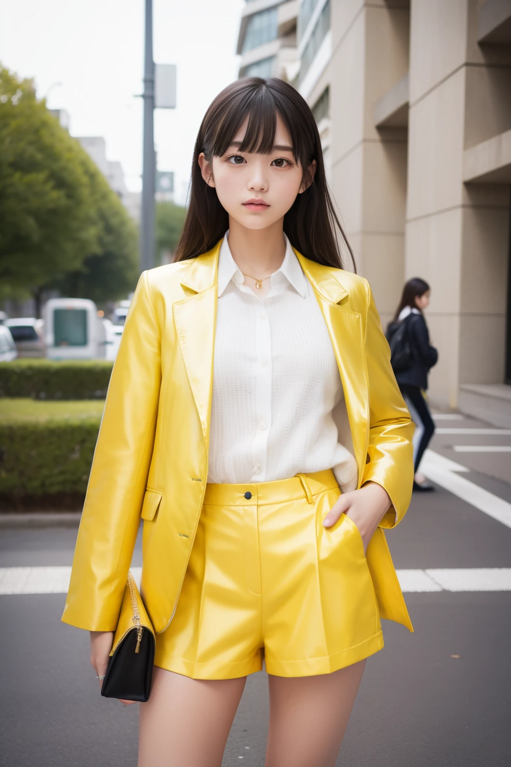 elegant high school girl、full body Esbian、、、、、shiny yellow shorts、Elegant jacket、