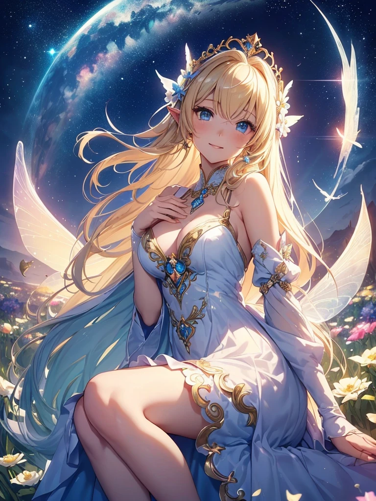 top-quality、Top image quality、masterpiece、Super beautiful fairy girl((24 year old、Best Bust、big bast、Bust 90,Beautiful blue eyes、,Blonde long hair、A slender、a closeup、Esbian、beautiful tiara、hiquality、Beautiful Art、Background with((starrysky)))masutepiece、visualart、depth of fields、low angle of morning sky、、Elven ears、、light magic、kosmos、mid night、harp melody🎵、Happy smile、Gentle light、、Beautiful skins、beutiful breast、beautiful foot、welcome、、accurate fingers、Exact finger count、ticker beautiful dress、elegent、Mystical flower gardens、flower field、Marble pillars、Beautiful dress、are flying、Fairy Wings(butterflys々Feathers of)
