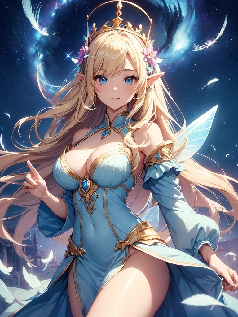 top-quality、Top image quality、masterpiece、Super beautiful fairy girl((24 year old、Best Bust、big bast、Bust 90,Beautiful blue eyes、,Blonde long hair、A slender、a closeup、Esbian、beautiful tiara、hiquality、Beautiful Art、Background with((starrysky)))masutepiece、visualart、depth of fields、low angle of morning sky、、Elven ears、、light magic、kosmos、mid night、harp melody🎵、Happy smile、Gentle light、、Beautiful skins、beutiful breast、beautiful foot、welcome、、accurate fingers、Exact finger count、ticker beautiful dress、elegent、Mystical flower gardens、flower field、Marble pillars、Beautiful dress、are flying、Fairy Wings(butterflys々Feathers of)