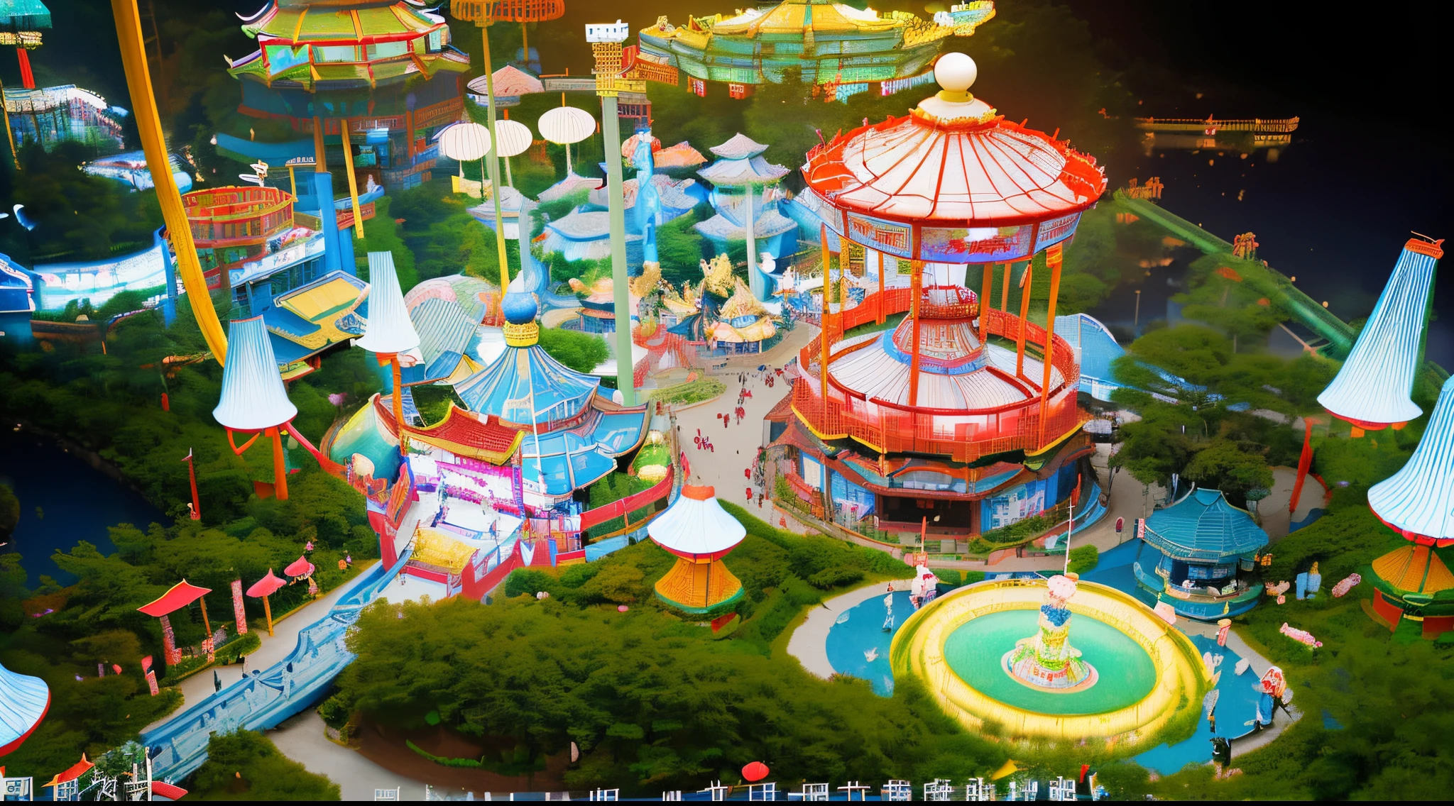 The theme is an amusement park scene with Chinese style elements, from an aerial perspective. The amusement facilities based on Chinese style elements include roller coasters, Ferris wheels, carousels, etc., with mountains and water, and a beautiful environment. The Chinese style amusement park is like a fairyland, and during the day