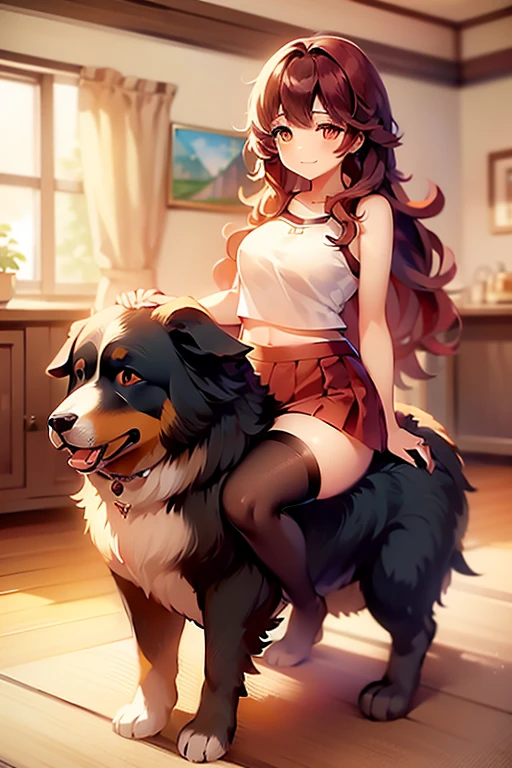 1girl, best quality, masterpiece, cute tall anime girl riding on a bernese mountain dog \(dog\), barefoot, big butt, big thighs, thigh highs, short skirt, crop top, smiling, red hair, in a house