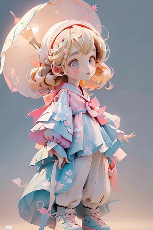 Yuko has wavy blonde hair, thin eyebrows, and pink eyeshadow. She wears a blue dress with floral patterns and pink lines, a white neckerchief, white, tri-layered sleeves, white pants, and pink wingtip shoes with light gray laces and soles. She also carries a white parasol with a pink inside, a pink top button, and a blue handle.