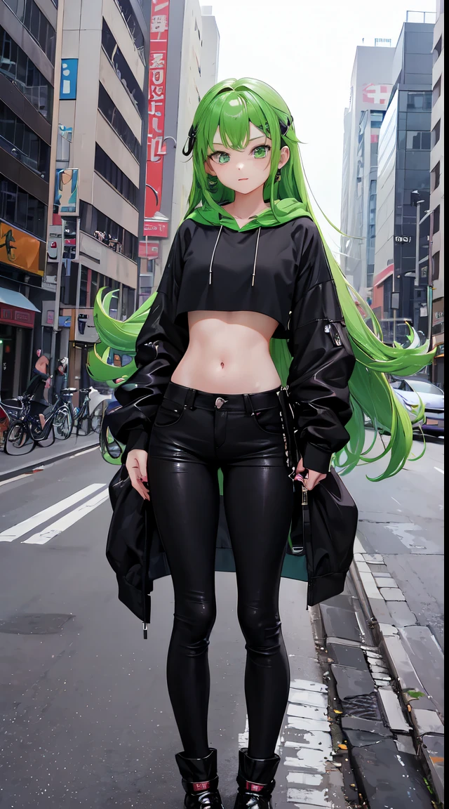 , 1girl, young girl, anime style, skinny body, Anime young girl wearing crop top black hoodie, skinny jeans pants, blue long hair with hair-clip, green eyes colour, pose picture of her cute pose, straight on street of towers, anime art wallpaper, detailed, 8k, high quality