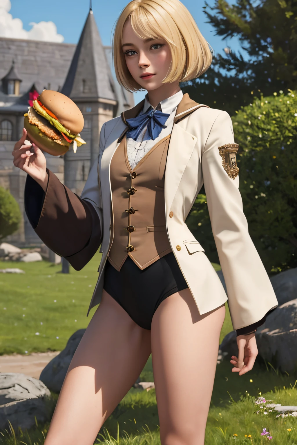 top-quality, masterpiece, Female students at Hogwarts School of Witchcraft and Wizardry, Blonde Bob Hair, plein air, borgar,tiny chest,lean body,very slender legs,