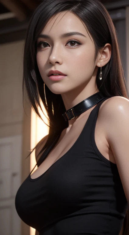 Photorealistic, masutepiece, Best Quality, Raw photo, 1girl in, Solo, Long hair, Brown hair, Detailed face, alluring face, Black shirt with collar, medium breasts, Dynamic Pose, Looking at Viewer, From below, Detailed background, fine detailed, intricate detailes, Ray tracing, depth of fields, lowkey, nffsw