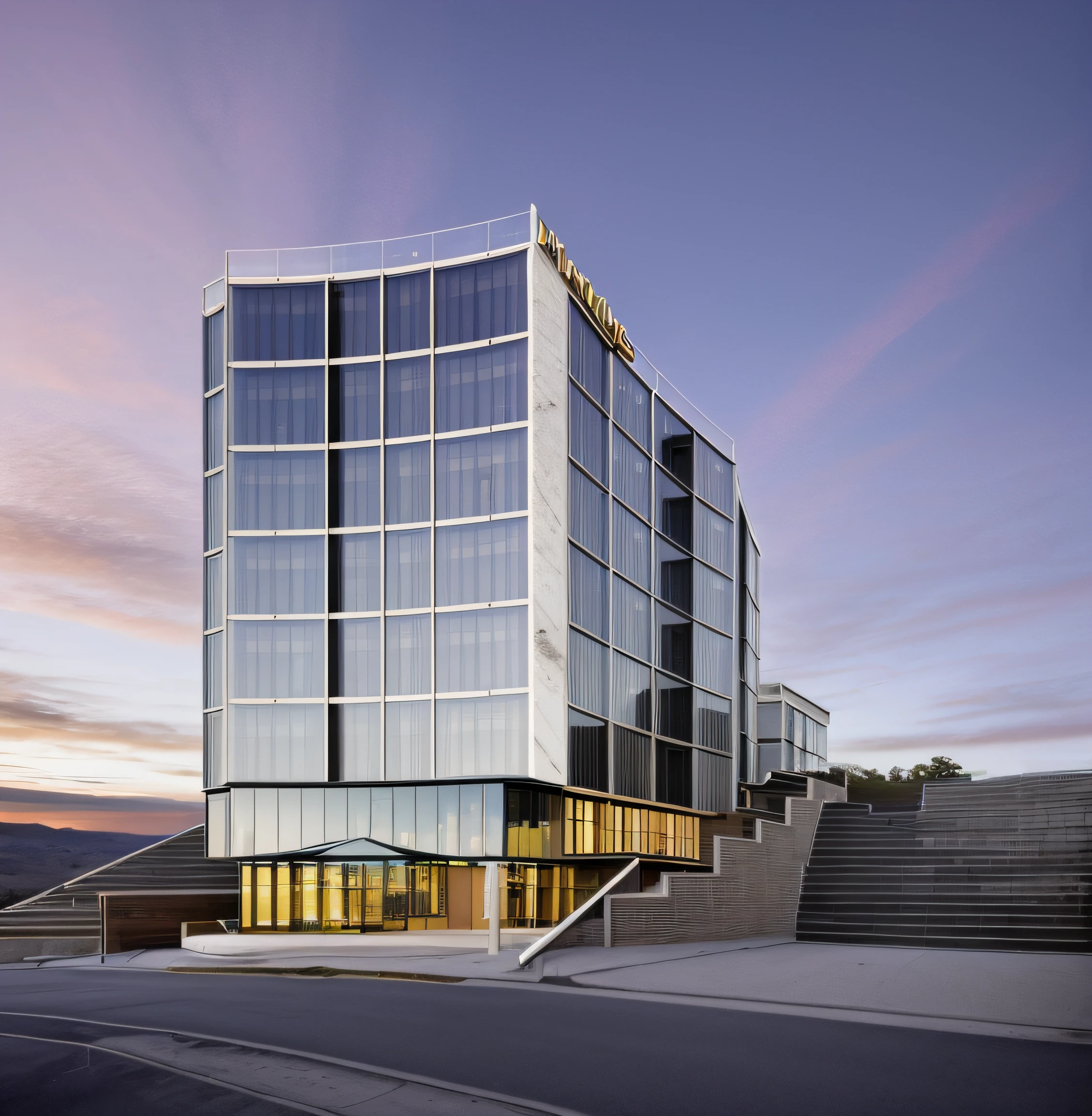 side view a hotel the hill, modernism architecture, glass and marble facade, natural light --ar 16:9 --iw 1.5