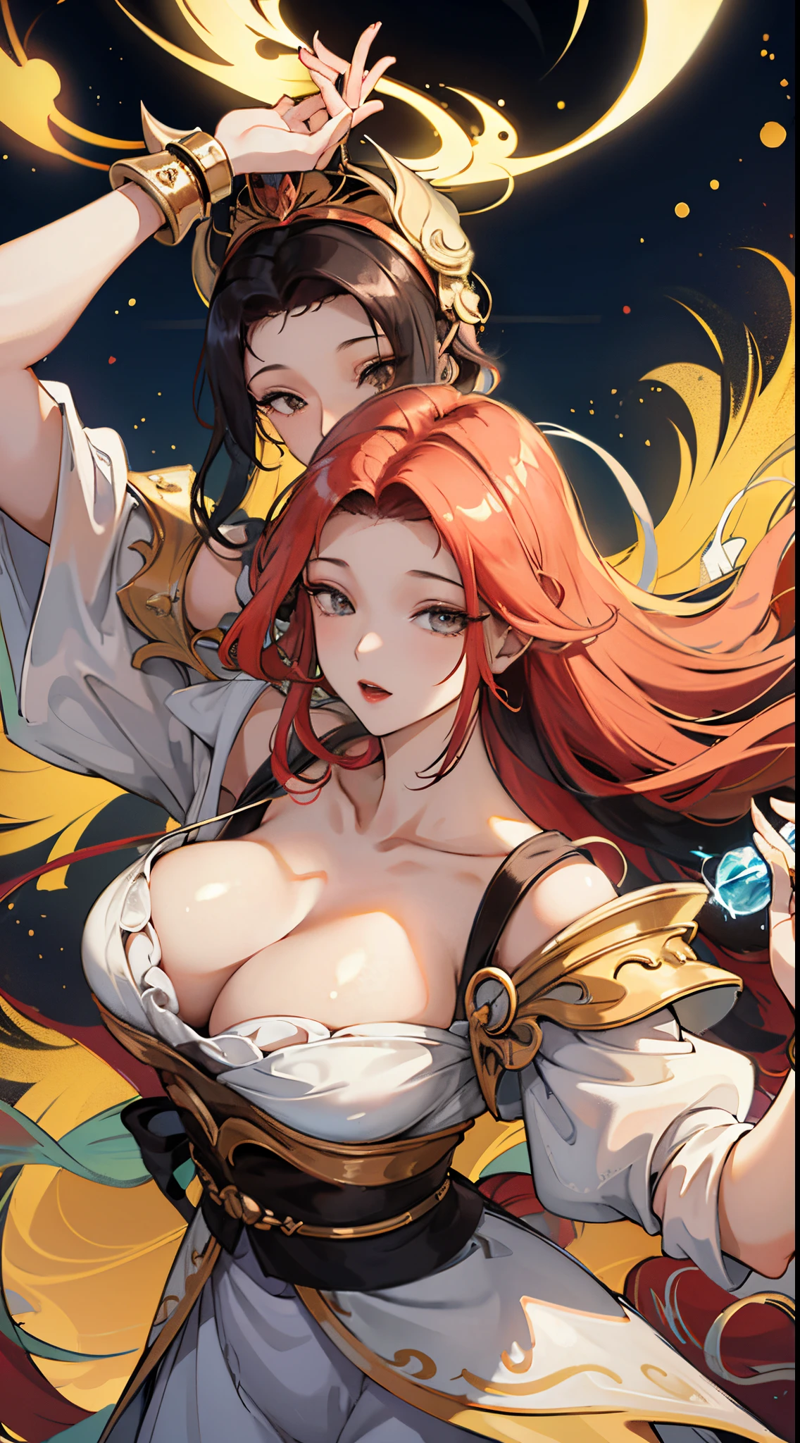 (tmasterpiece,top-quality,Best quality at best,offcial art,Beauty and aesthetics:1.2),(1 plump girl),The content is very detailed,(s fractal art:1.3),rich colourful,highest details,It's a perfect face,Upper part of the body,HighDynamicRange,(DOA:1.3),(white cloak golden lines:1.2),galaxias,(luminance),striking visual effects,(dynamic streaks,Luminous trajectory:1.2),vivd colour,cabelos preto e longos