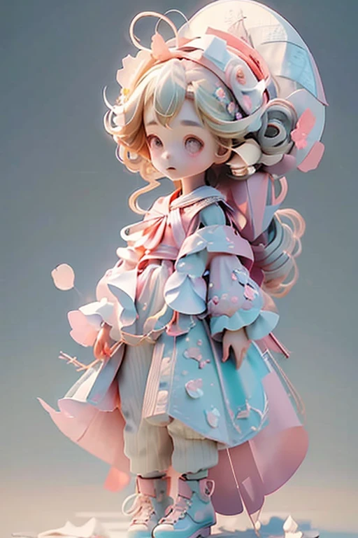 Yuko has wavy blonde hair, thin eyebrows, and pink eyeshadow. She wears a blue dress with floral patterns and pink lines, a white neckerchief, white, tri-layered sleeves, white pants, and pink wingtip shoes with light gray laces and soles. She also carries a white parasol with a pink inside, a pink top button, and a blue handle.