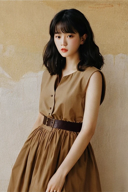 women are beige,a 20 yo woman、Pattsun bangs、A dark-haired、bobhair、Round Color Dresses、1990's、Retro、Painting oil painting、Fashion Editorial