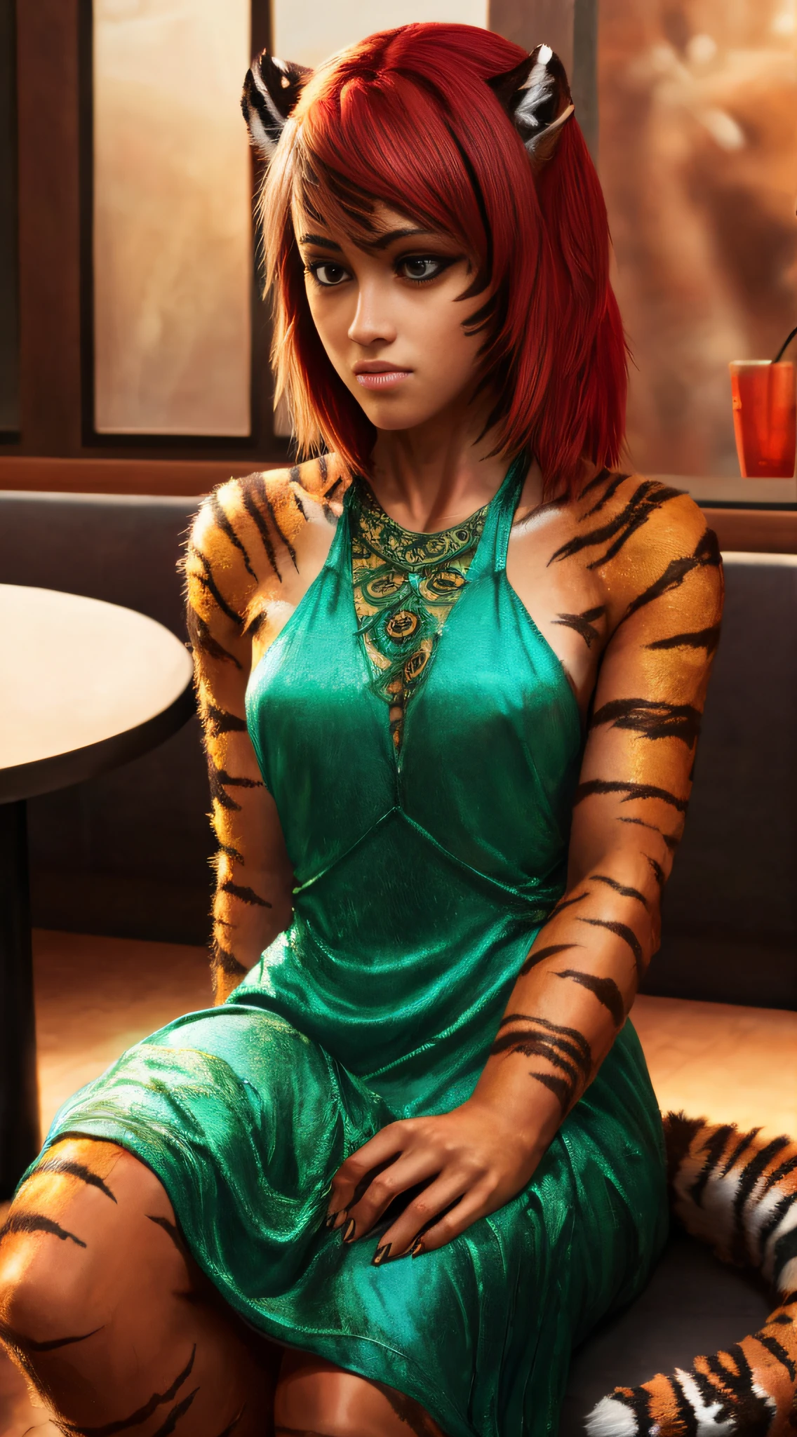 actress Nathalie Emmanuel, 1girl, solo, (human head), (pretty human face), (tiger fur:1.4), (tiger skin:1.4), (thin tiger tail:1.1), (orange fur), (white fur), (red straight hair:1.4), no ears, sharp claws, set of fangs, wearing (green mini dress:1.2), (high heels), sitting in a restaurant, alluring, seductive, sexy, hot, sultry, intricate, high detail, sharp focus, dramatic, photorealistic painting art by greg rutkowski