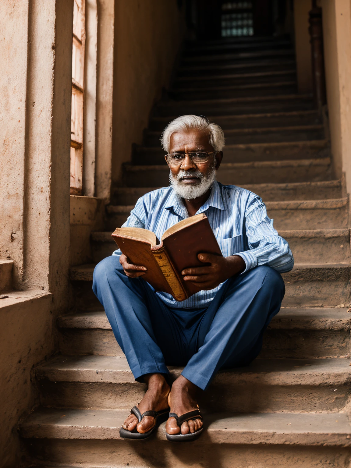portrait of a 60 year Tamil old man, sitting in the stairs of a ver old library, refering multiple books at same time, look at viewer, vintage looks, silver hair all over the head, thick specs, faded striped blue shirt, black pants , slippers, (background:1.6, books, stairs, people, book racks)