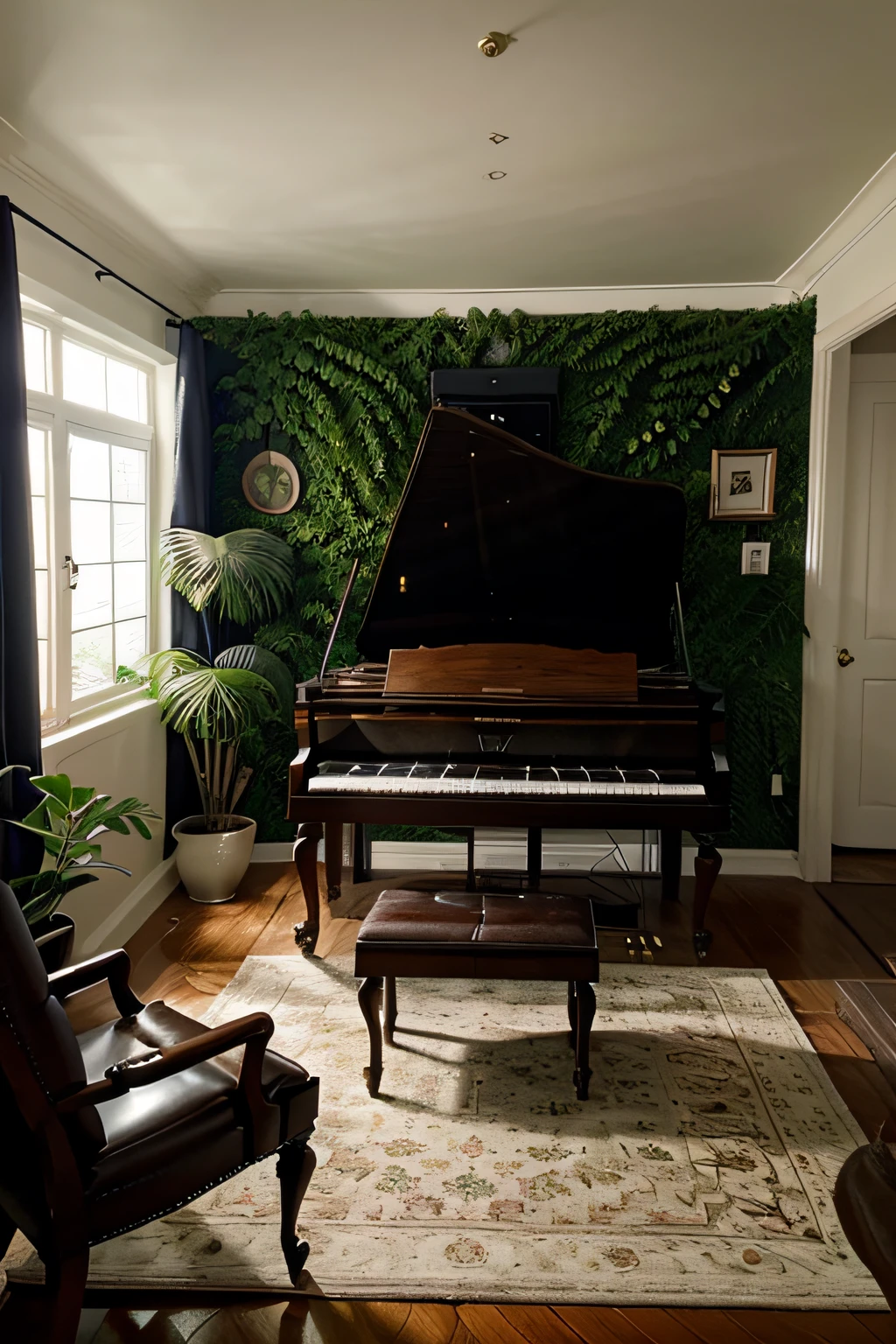 arafed'There is a lot of furniture in the living room、Many plants and a piano,green wall, liveroom, pianos,mirror frame,Home interior, liveroom, interior of house, Wide angle shooting, interior living room, cozy living room, cozy environment, welcoming living room, living room interior, Sitting in a country living room, Inspired by William Home Lisa, cozy living room interior, colonial style