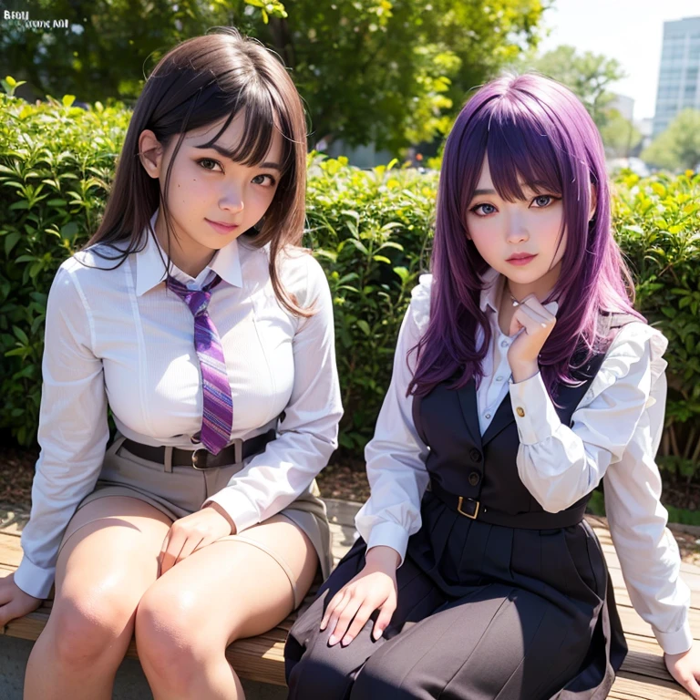 Highres, masterpiece, high quality, highly detailed, photorealistic, semi-realistic, potrait, (1girl), Mid hair, purple hair, (multicolored eye), pastel purple eye, High school costum, indonesian high school costum, nametag SITI, sit, school, garden, detailed eyes, beautiful detailed hand, realistic face, realistic body, realistic light, comfortable expressions, high detailed background school garden