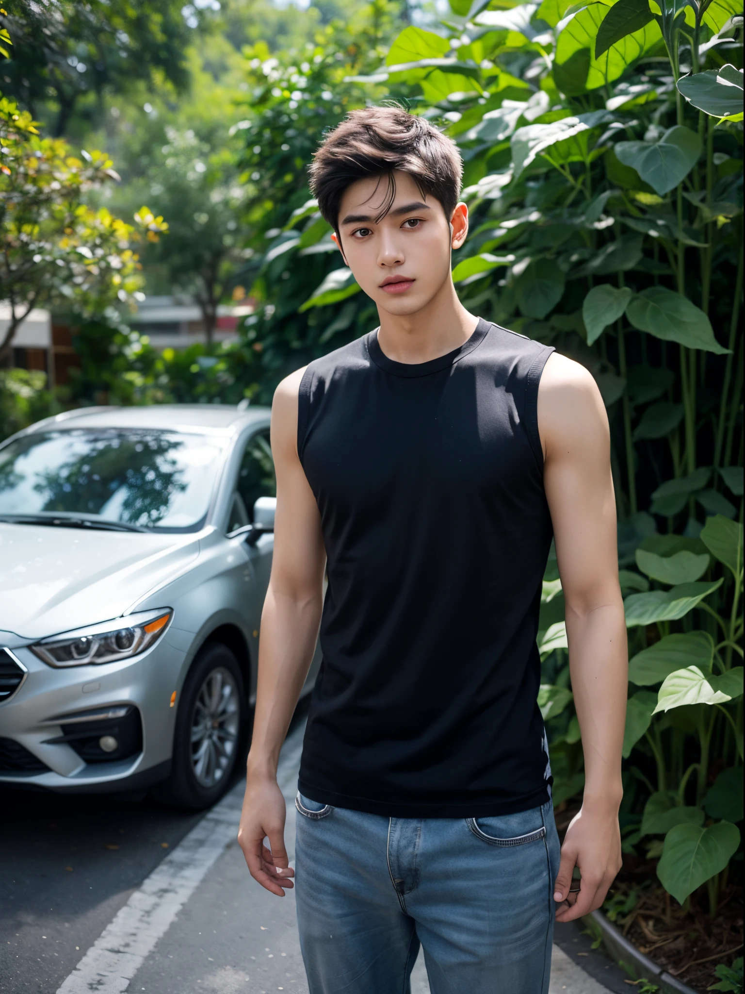 male, 20 year old boy, black eyes, slick back, sleeveless clothes, half body photo, head facing the camera, parking area, jungle, sunflower