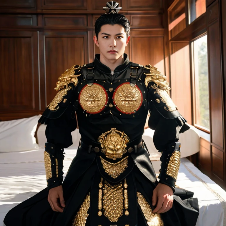 8k, RAW photo, best quality, (masterpiece:1.2), (realistic:1.3), (photorealistic:1.3), ultra-detailed, (high detailed skin:1.2), soft lighting, film grain, Fujifilm XT3, handsome,bun,fullbody,1boy,armor,(((symmetry))),single hair bun,,Hair crown,puffy nipples,swollen nipples , real man,Best quality, masterpiece, ultra high res