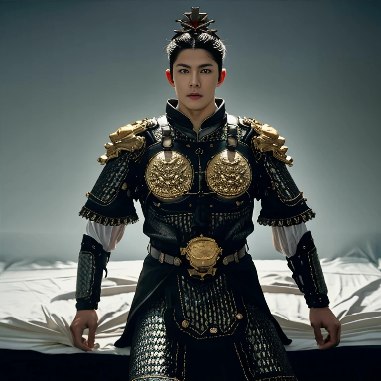 8k, RAW photo, best quality, (masterpiece:1.2), (realistic:1.3), (photorealistic:1.3), ultra-detailed, (high detailed skin:1.2), soft lighting, film grain, Fujifilm XT3, handsome,bun,fullbody,1boy,armor,(((symmetry))),single hair bun,,Hair crown,puffy nipples,swollen nipples , real man,Best quality, masterpiece, ultra high res