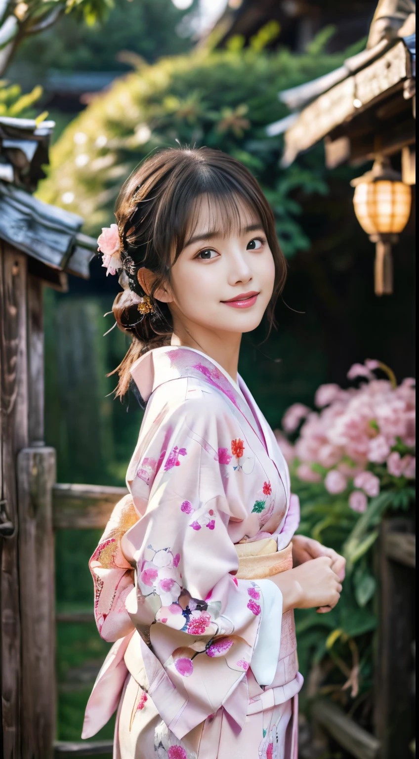 (Pink kimono:1.2)、(Kyo-Yuzen:1.2)、(Floral pattern in Japanese style:1.0)、(Furisode:1.5)、(Japanese traditional classic pattern:1.2)、tabi、(top grade)、1人の女性、、full body Esbian、A dark-haired、(reallistic:1.7)、((Top image quality))、absurderes、(超A high resolution)、(Photorealsitic:1.6)、Photorealsitic、octane renderings、(hyper realisitic:1.2)、(photorealiscic face:1.2)、(8K)、(4K)、(masterpiece)、(realistic skin textures)、(illustratio、Cinematographic lighting、wall-paper)、(beautidful eyes:1.2)、((((face perfect))))、(Cute face like an idol:1.2)、(is standing)、red-lips、outside of house、shrines、torii gate、(1 moon)、Detailed cute face、Realistic Beauty、A smile、