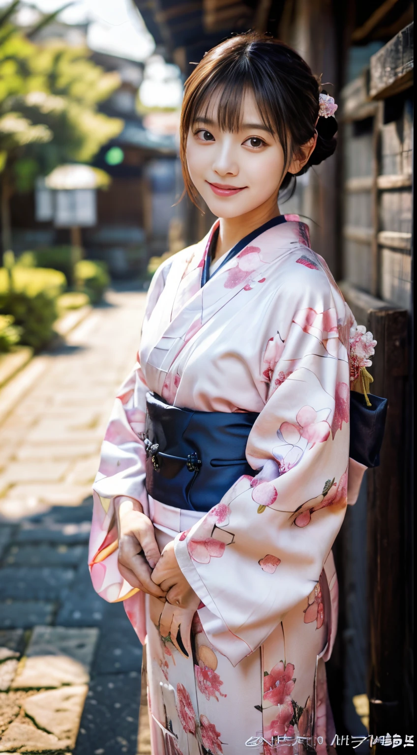 (Pink kimono:1.2)、(Kyo-Yuzen:1.2)、(Floral pattern in Japanese style:1.0)、(Furisode:1.5)、(Japanese traditional classic pattern:1.2)、tabi、(top grade)、1人の女性、、full body Esbian、A dark-haired、(reallistic:1.7)、((Top image quality))、absurderes、(超A high resolution)、(Photorealsitic:1.6)、Photorealsitic、octane renderings、(hyper realisitic:1.2)、(photorealiscic face:1.2)、(8K)、(4K)、(​masterpiece)、(realistic skin textures)、(illustratio、Cinematographic lighting、wall-paper)、(beautidful eyes:1.2)、((((face perfect))))、(Cute face like an idol:1.2)、(is standing)、red-lips、outside of house、shrines、torii gate、(1 moon)、Detailed cute face、Realistic Beauty、A smile、