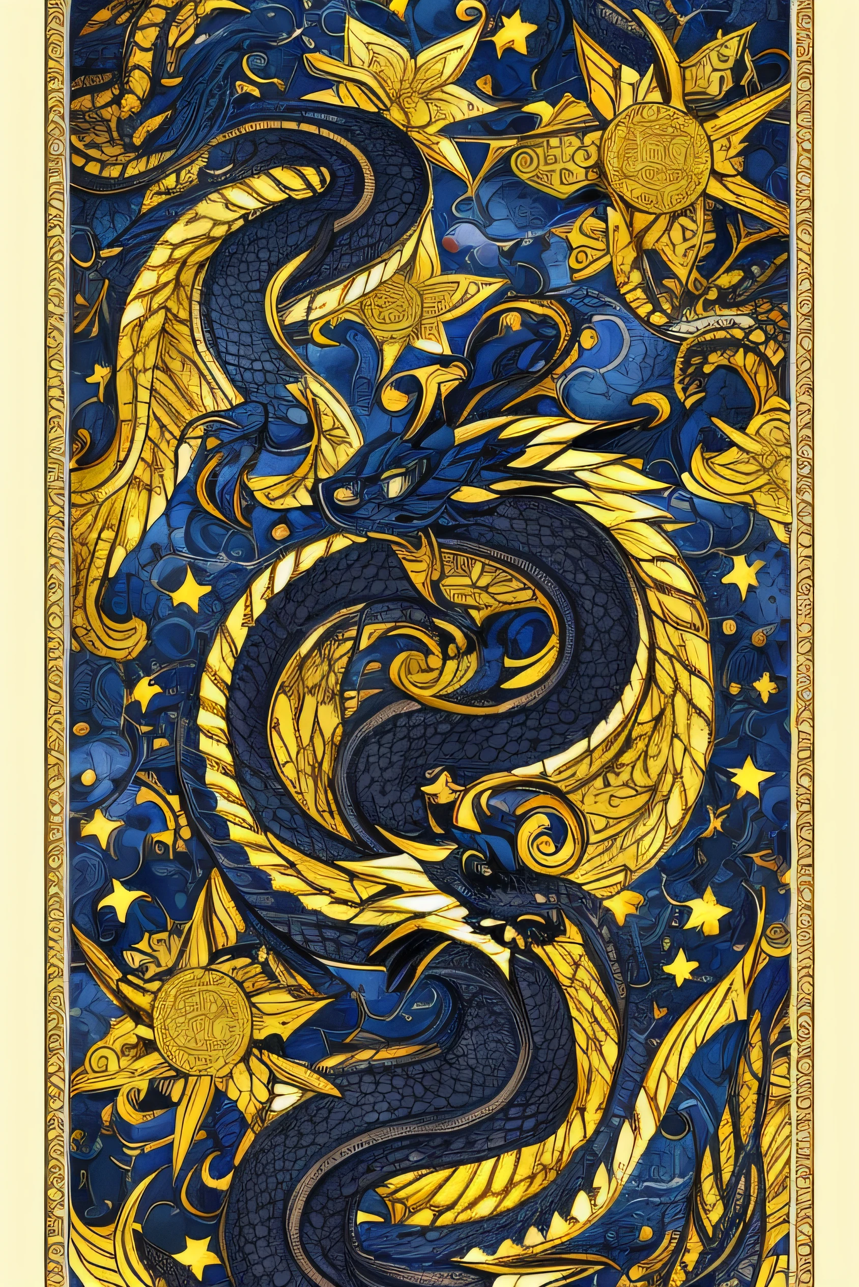 Black Dragon，It has gold and blue patterns on it，In incredibly beautiful illustration style，Star Art Troupe(As estrelas)，Organic flow，8K分辨率，scientific illustration，chinapunk，Elegant balance