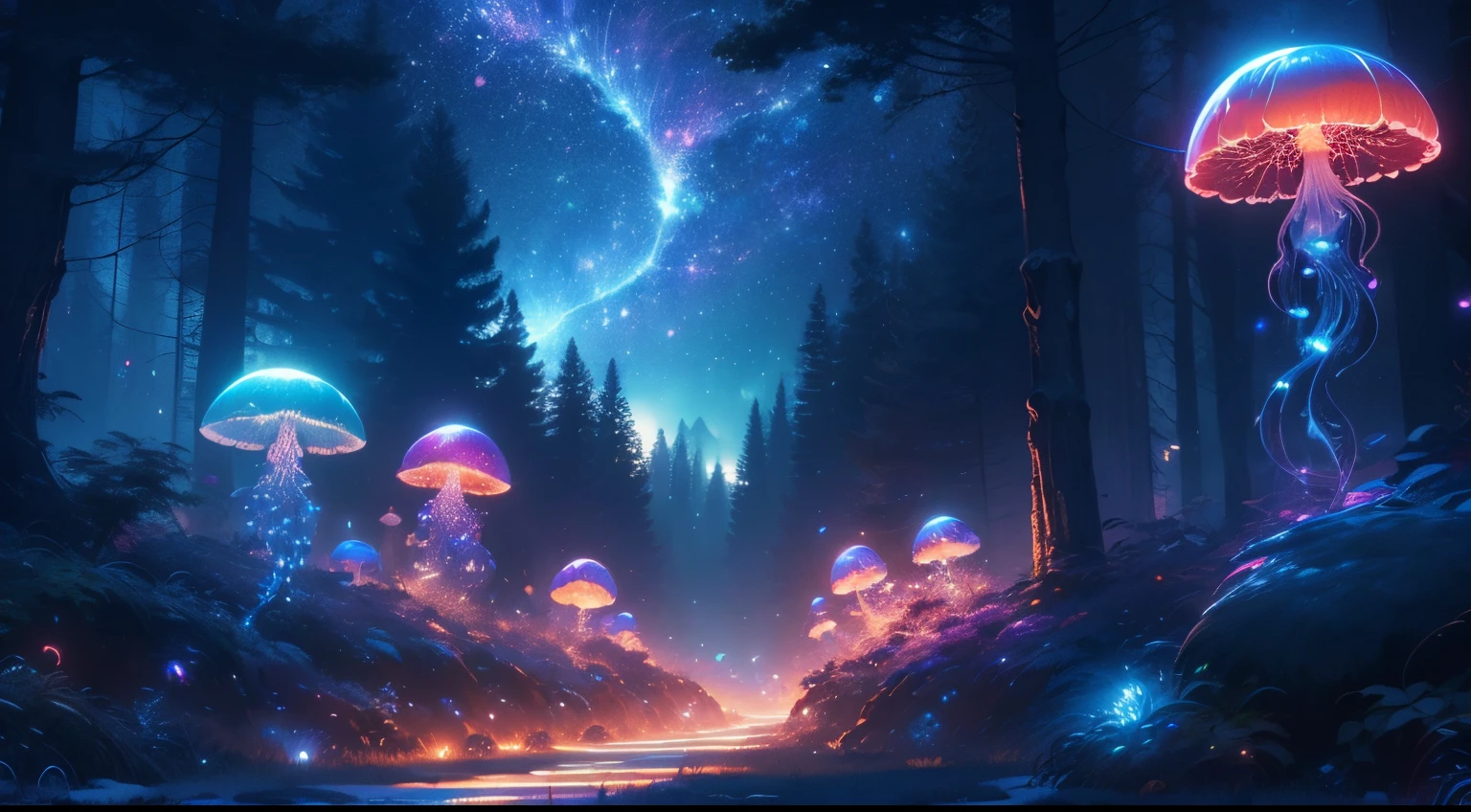 k hd,8K,Glowing mushrooms grow in the dark forest,There are bright stars in the sky,(Glowing mushrooms),Colorful fluorescent mushrooms,Forest at night,milky ways,Fantasy style,art for the game