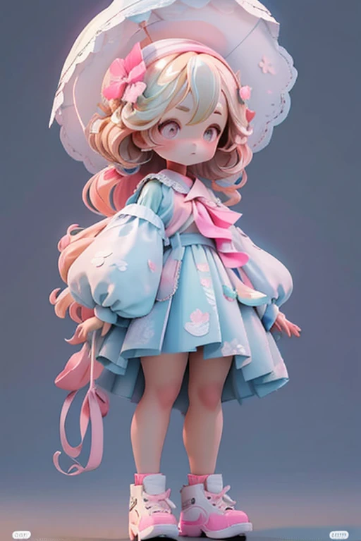 Yuko has wavy blonde hair, thin eyebrows, and pink eyeshadow. She wears a blue dress with floral patterns and pink lines, a white neckerchief, white, tri-layered sleeves, white pants, and pink wingtip shoes with light gray laces and soles. She also carries a white parasol with a pink inside, a pink top button, and a blue handle.