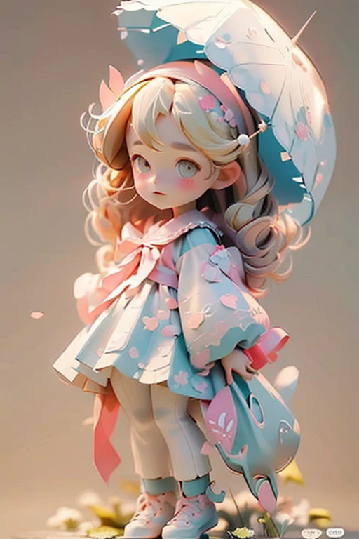 Yuko has wavy blonde hair, thin eyebrows, and pink eyeshadow. She wears a blue dress with floral patterns and pink lines, a white neckerchief, white, tri-layered sleeves, white pants, and pink wingtip shoes with light gray laces and soles. She also carries a white parasol with a pink inside, a pink top button, and a blue handle.