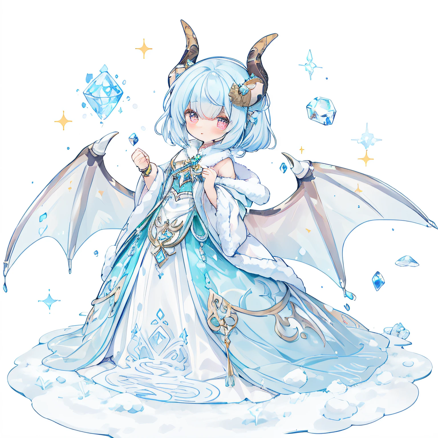 (PastelColors:1.8)、(Cute illustration:1.3)、(watercolor paiting:0.9)、A smile:1.3、、Ice fairy flying in powder snow. (Wearing transparent and sparkling crystal dragon wings and horns。。。。。。。。。。。。。.。.。.。.:1.5)、jamping、levitation、Looking back、Beautiful face and brightly colored glowing eyes. She wears a costume decorated with snow and ice crystals.................... Fantastic ice flowers blooming on a snowy field. Detailed drawing. Vivid colors.,Thick wool gown:0.5
