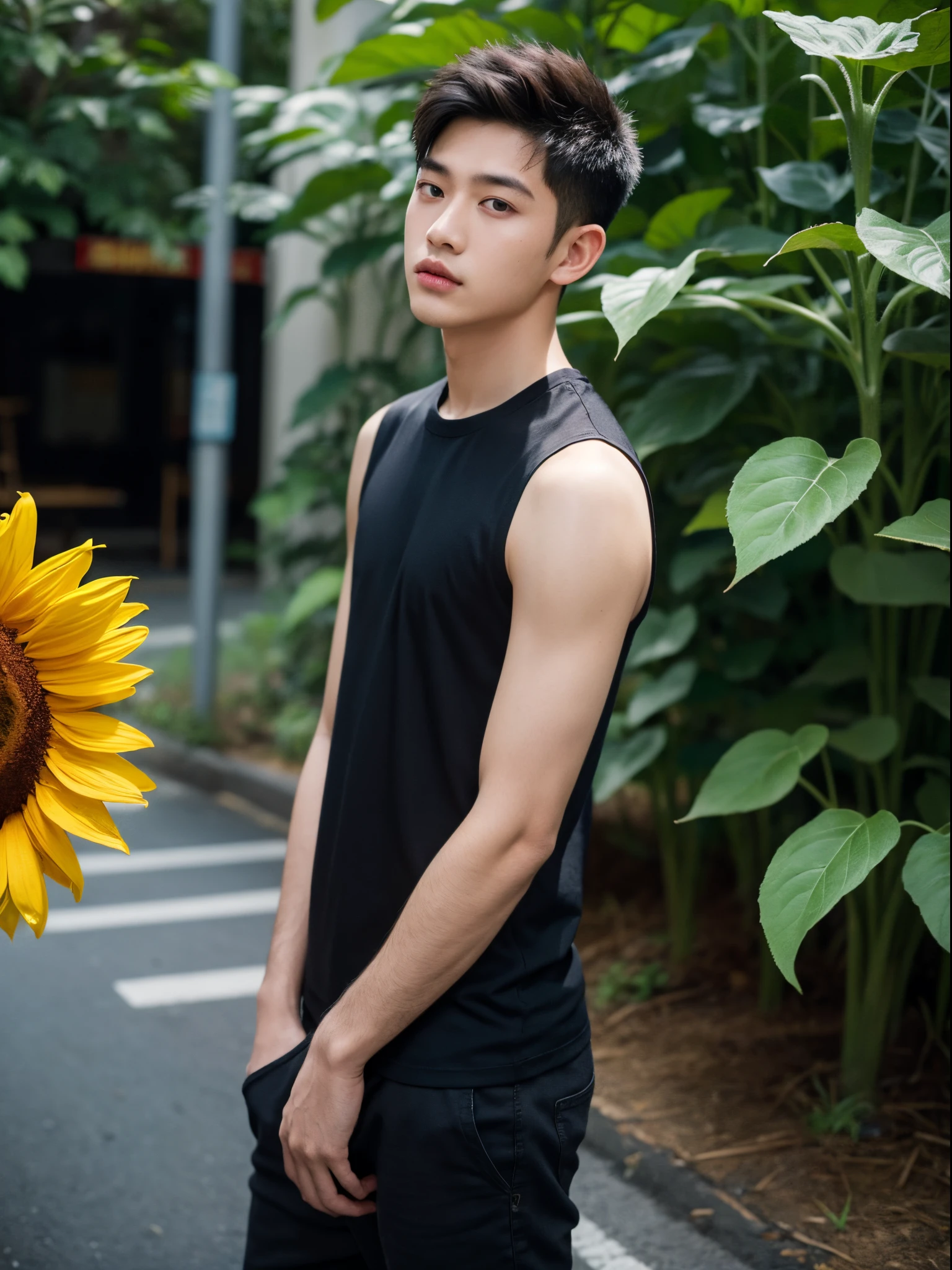 male, 20 year old boy, black eyes, slick back, sleeveless clothes, half body photo, head facing the camera, parking area, jungle, sunflower