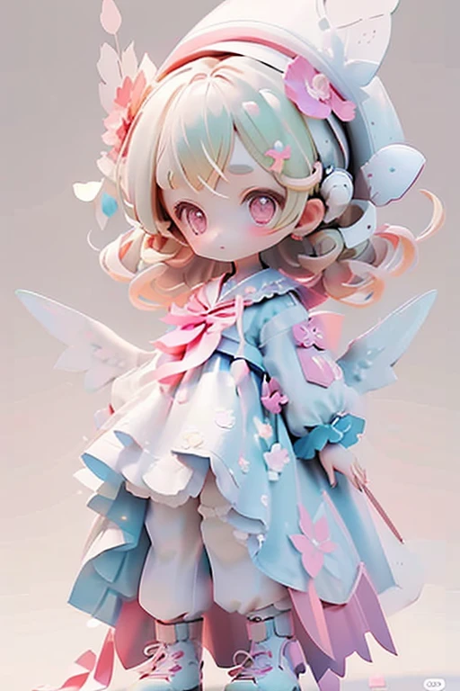 Yuko has wavy blonde hair, thin eyebrows, and pink eyeshadow. She wears a blue dress with floral patterns and pink lines, a white neckerchief, white, tri-layered sleeves, white pants, and pink wingtip shoes with light gray laces and soles. She also carries a white parasol with a pink inside, a pink top button, and a blue handle.